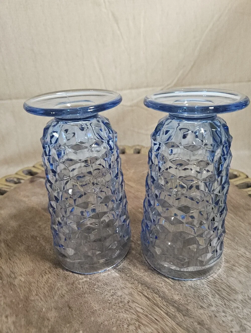 Vintage Indiana Colony Whitehall Light Blue Cubist Footed Ice Tea Glasses Set 2